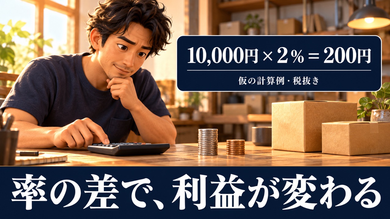 仮の計算例。1万円に2パーセントをかけると200円で、差額は税抜き
