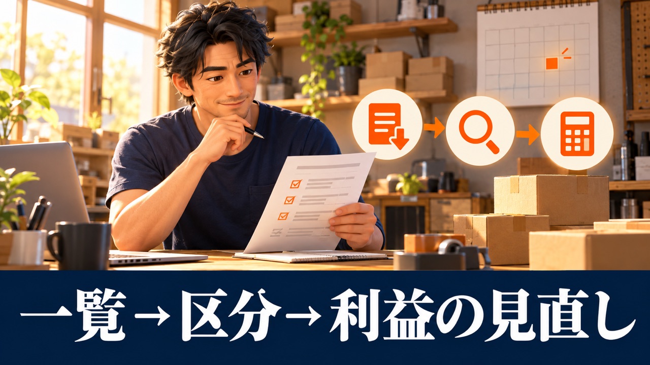 一覧を開き、区分を確認し、利益を見直す3つの順序を示す説明図