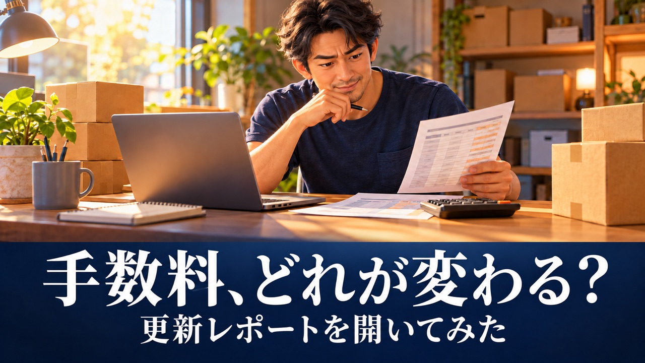 手数料カテゴリー更新レポートを料金表と見比べる出品者の説明イラスト
