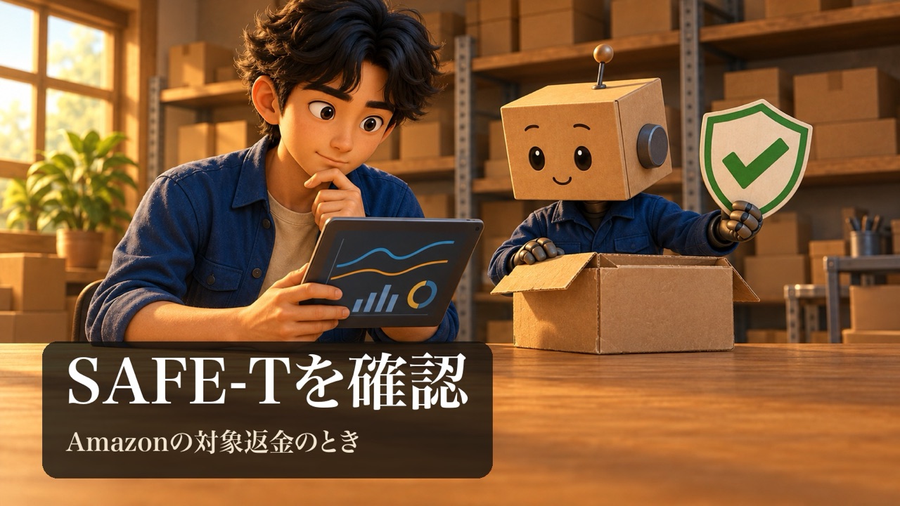 タブレットを見て考える男性と、盾を持つ段ボール頭のロボ