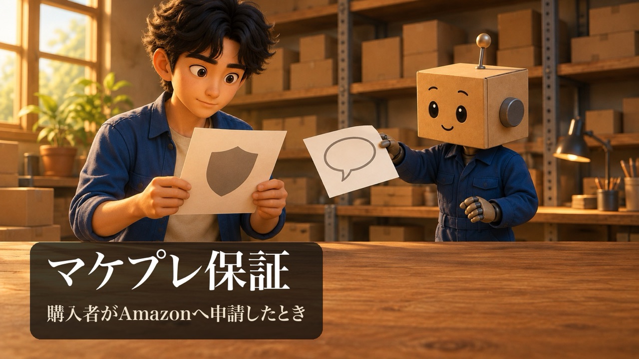 盾の書類を見る男性と、紙を手渡す段ボール頭のロボ