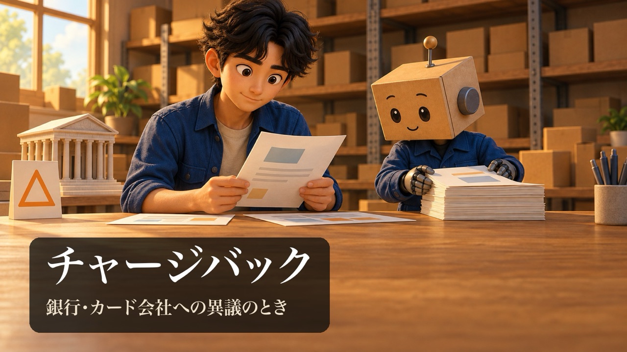 書類を読む男性と、書類を整える段ボール頭のロボ