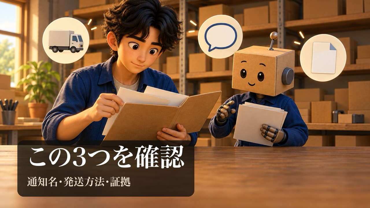 ファイルを確かめる男性と、書類を持つ段ボール頭のロボ
