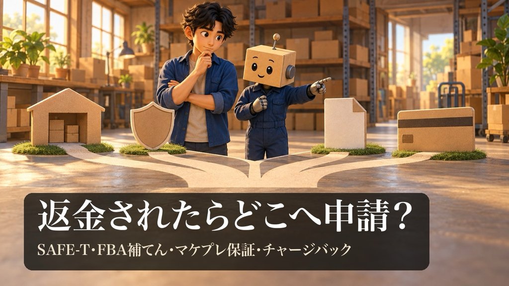 4本の分かれ道の前で考える男性と、道を指さす段ボール頭のロボ