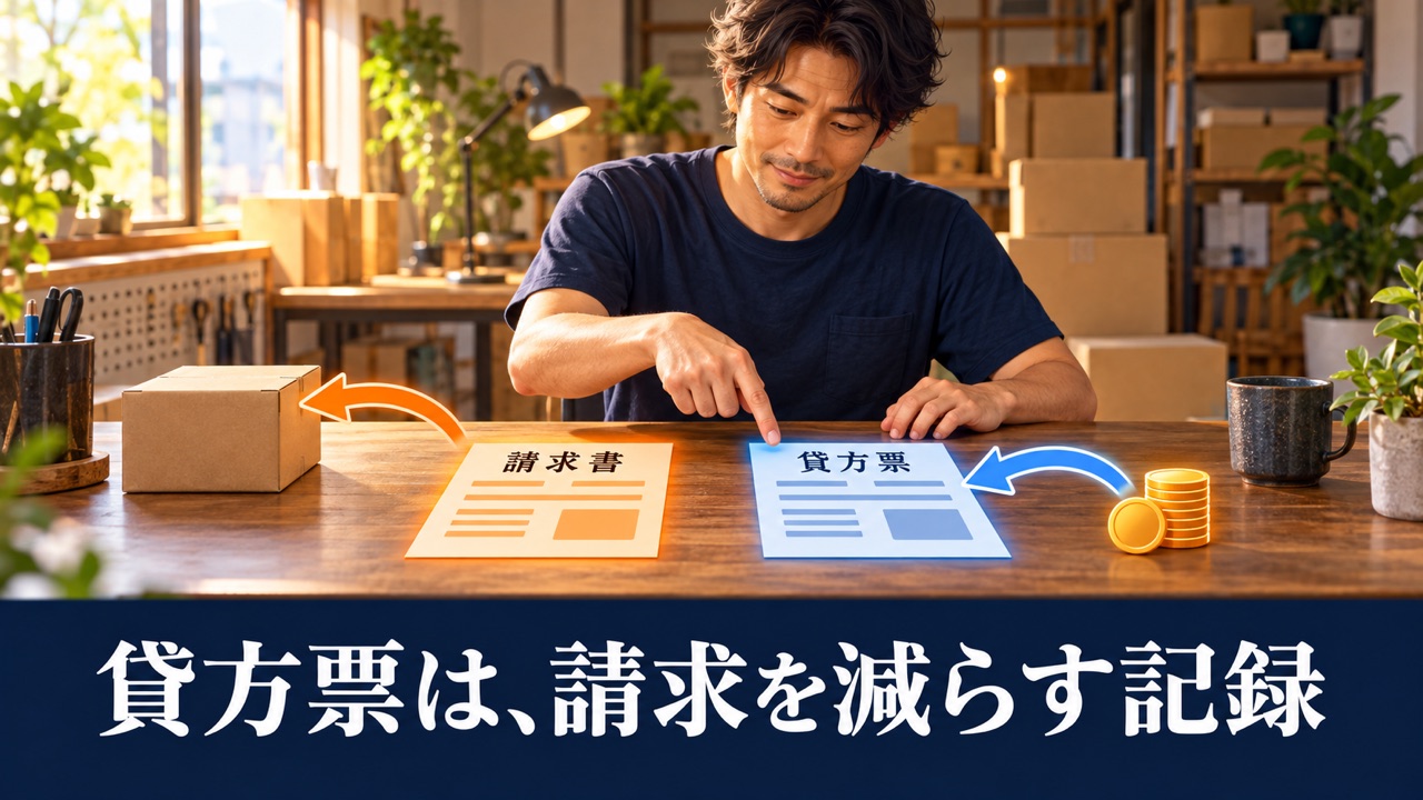 請求書と貸方票の違い。貸方票は請求額を減らす側の記録を示す説明図