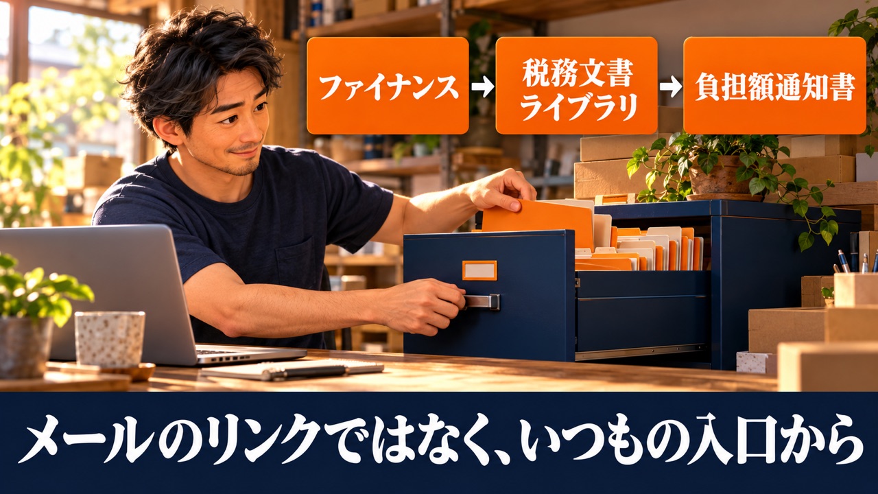 いつものセラーセントラルからファイナンス、税務文書ライブラリ、負担額通知書へ進む説明図。実画面ではありません