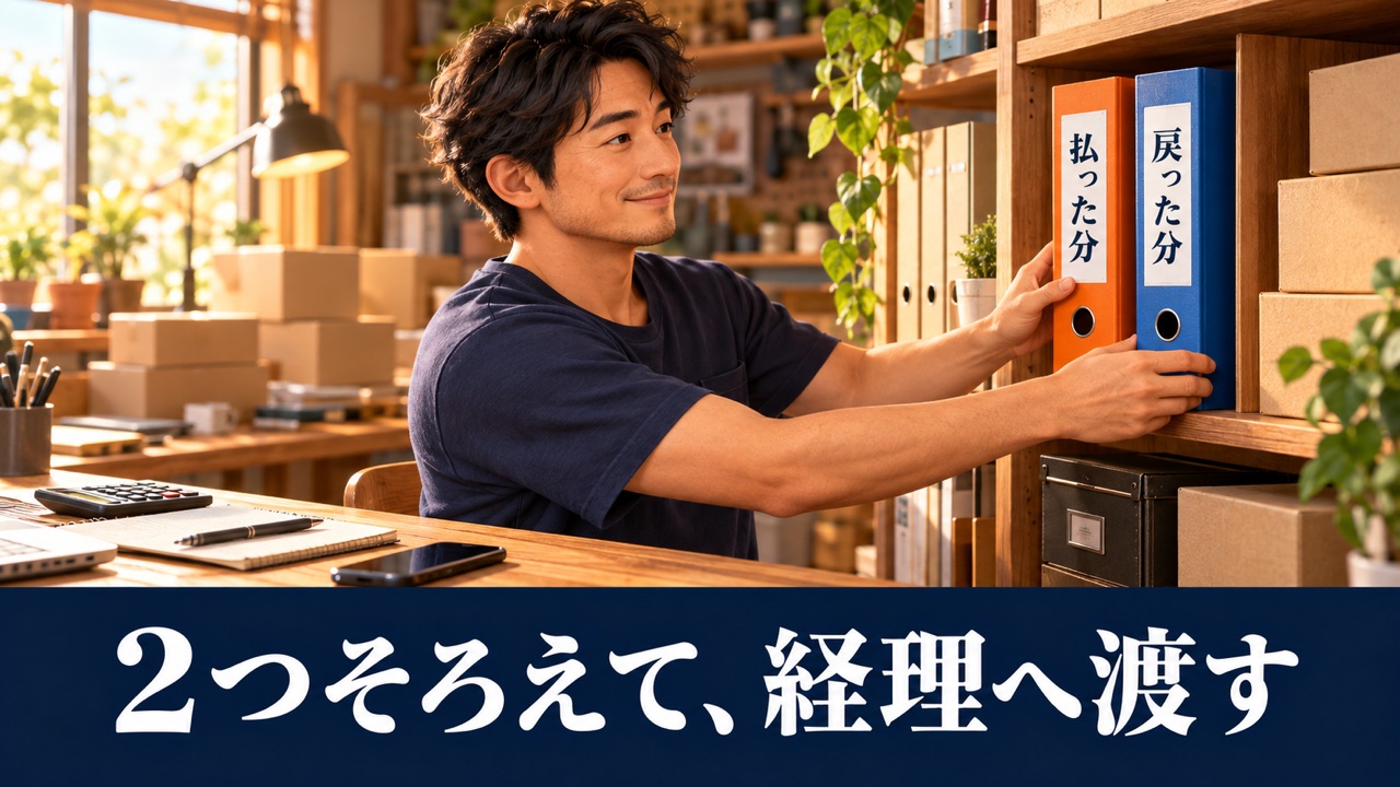 払った分と戻った分の2つの書類をそろえて経理へ渡す説明イラスト
