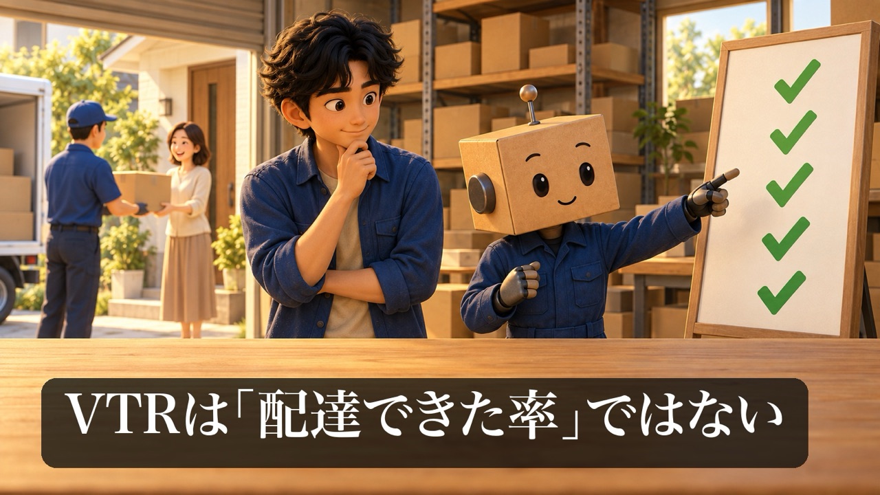 配達の場面と、チェック印の並んだボードを指さす段ボール頭のロボ