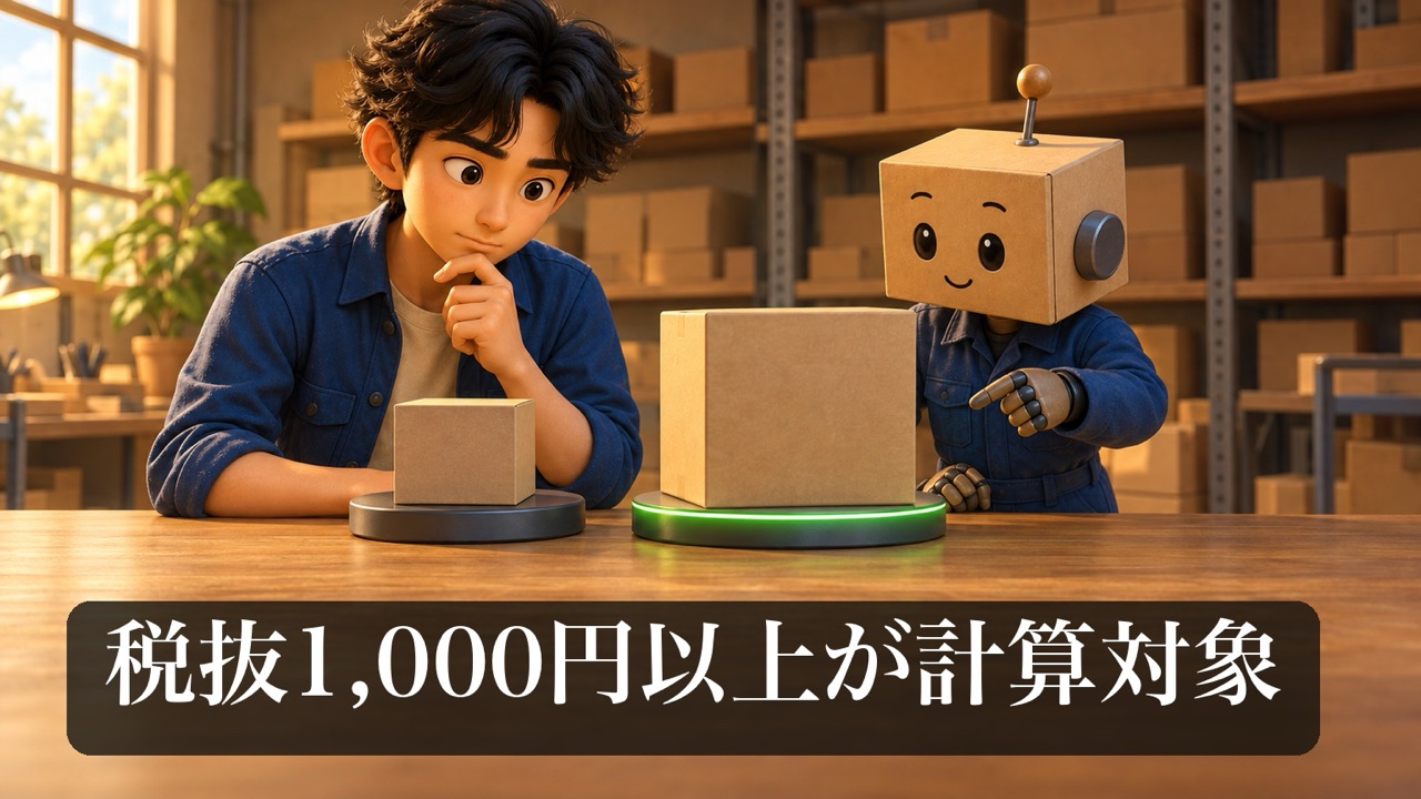 小さな箱と大きな箱を見比べる男性と、光る台を指さす段ボール頭のロボ