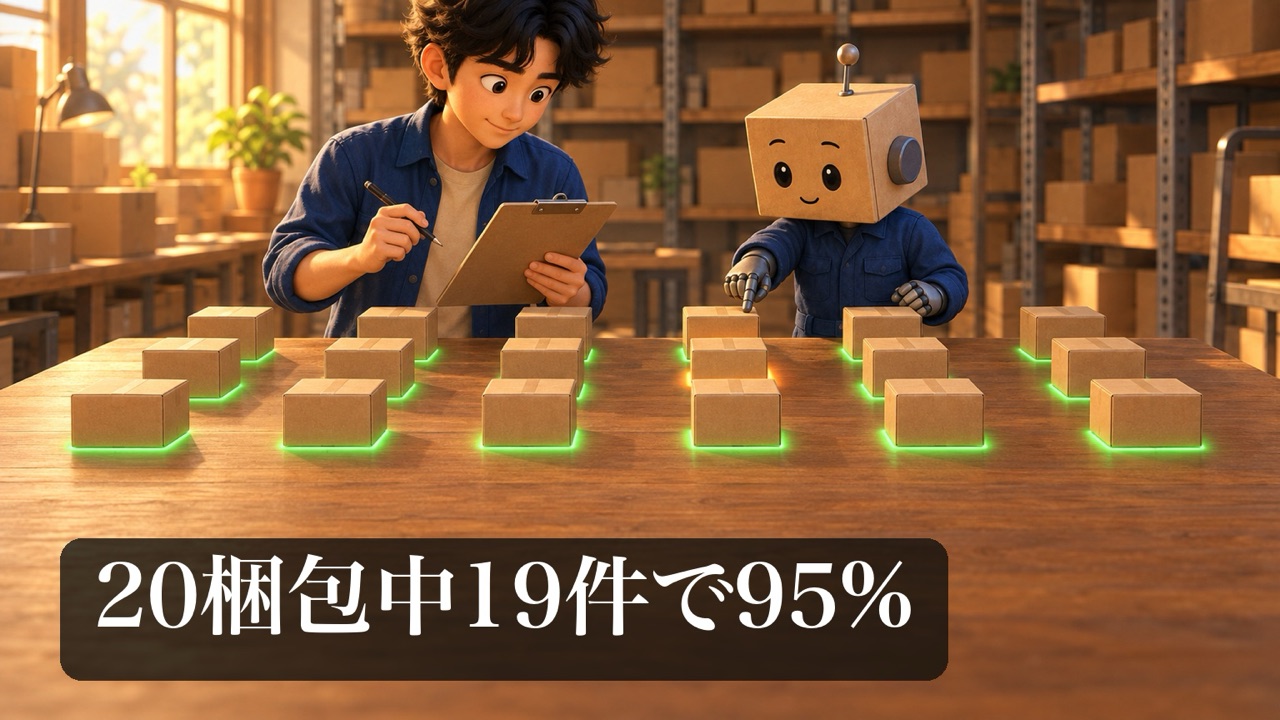 並んだ20個の箱を数える男性と、1つだけ色の違う箱を指さす段ボール頭のロボ