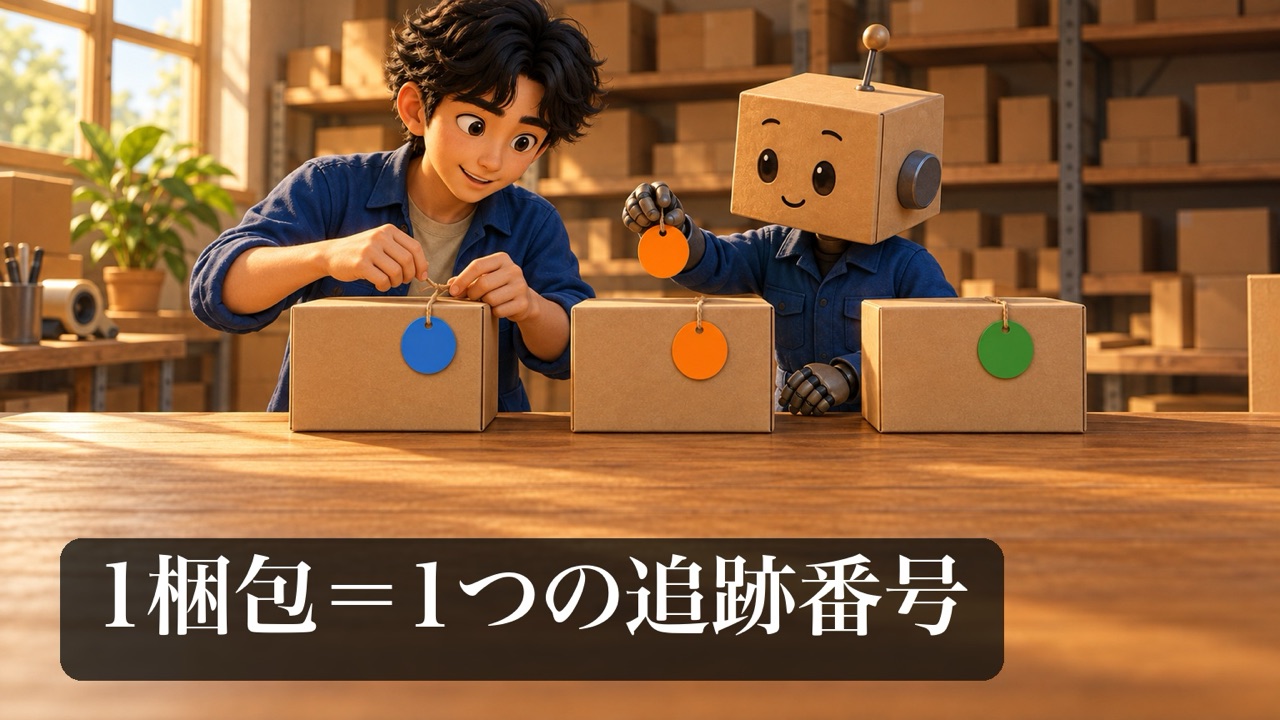 箱に1枚ずつ札を付ける男性と、札を手渡す段ボール頭のロボ