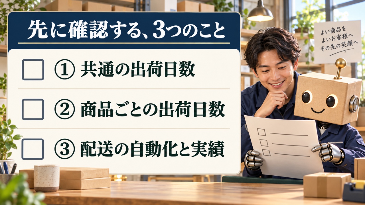 共通の出荷日数、商品ごとの出荷日数、配送の自動化と実績の三つを確認する説明図