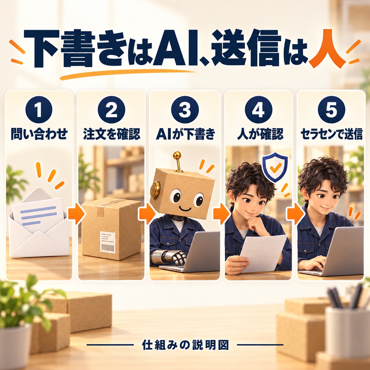 問い合わせ、注文確認、AIの下書き、人の確認、セラセンでの送信を順に示した説明図