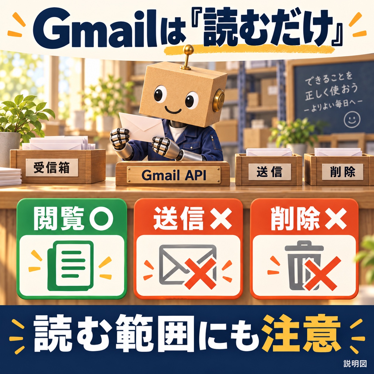 Gmail APIの閲覧は可能、送信と削除は不可という読み取り専用の説明図