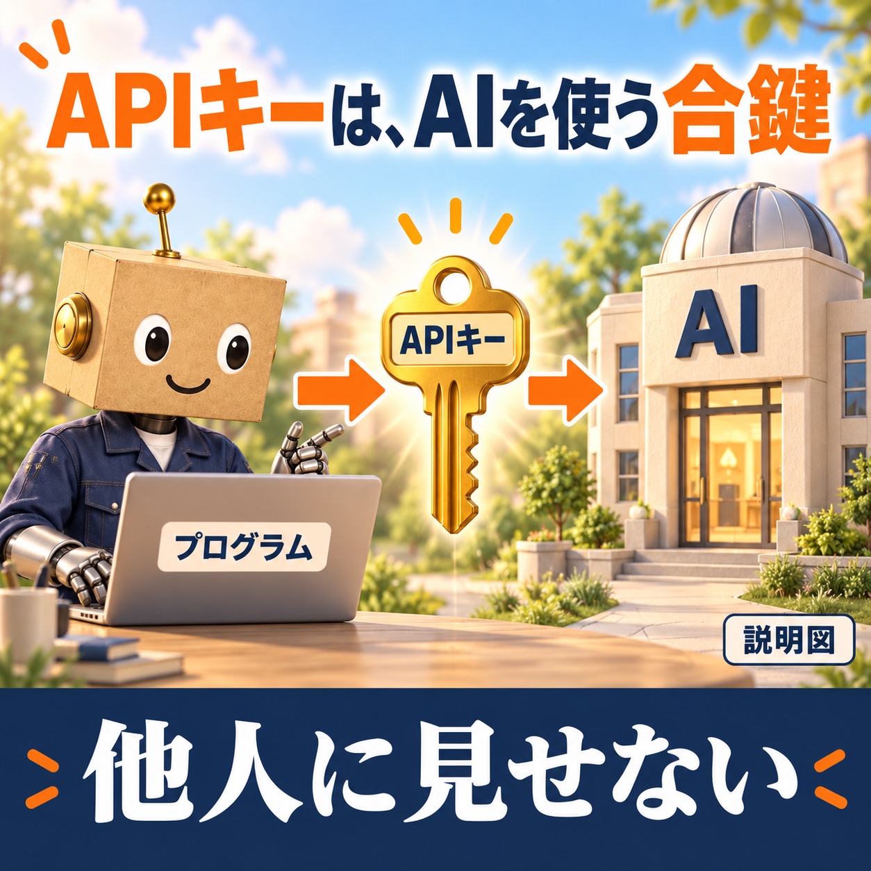 APIキーをプログラムからAIへ接続する合鍵にたとえた説明図