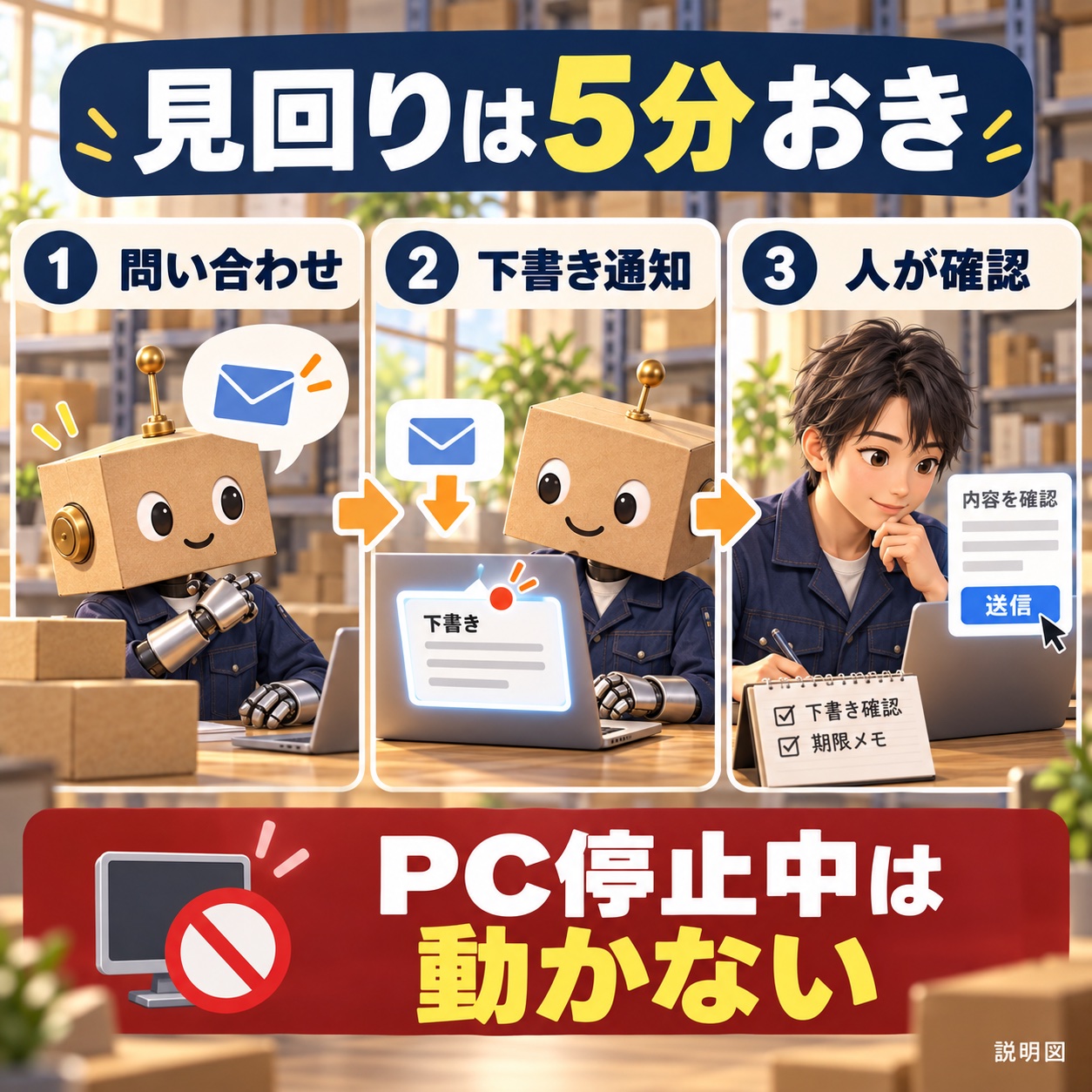 5分おきにメールを確認して下書きと期限を知らせ、人が送信する見回りの説明図