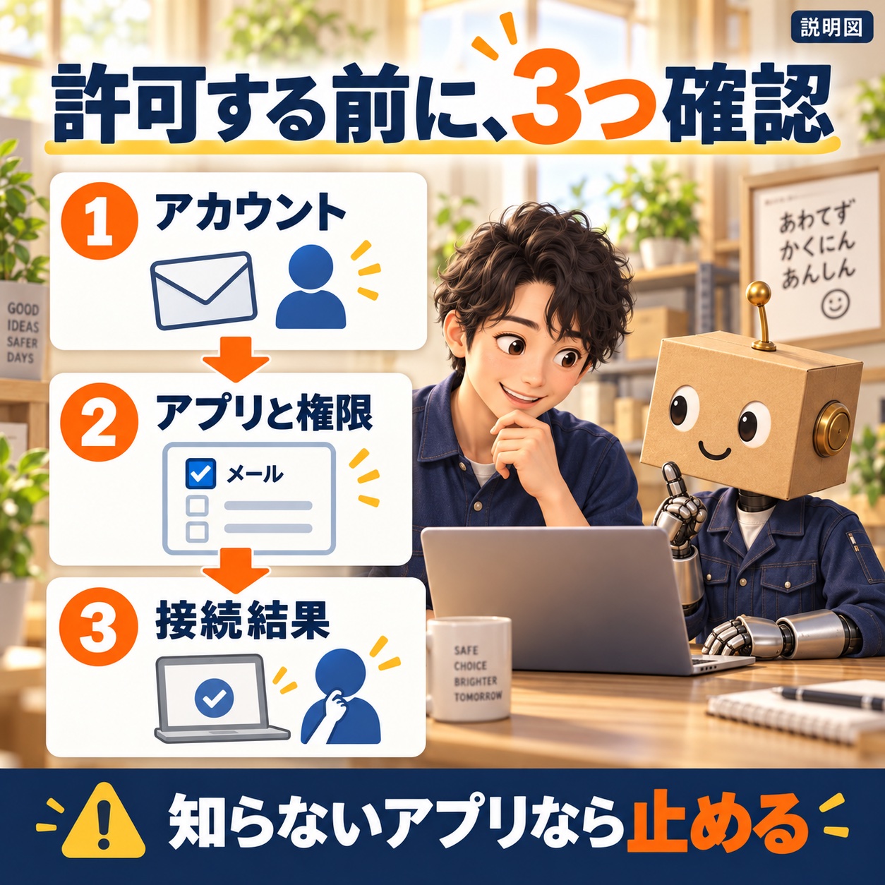 アカウント、アプリと権限、接続結果を確認する三段階の説明図
