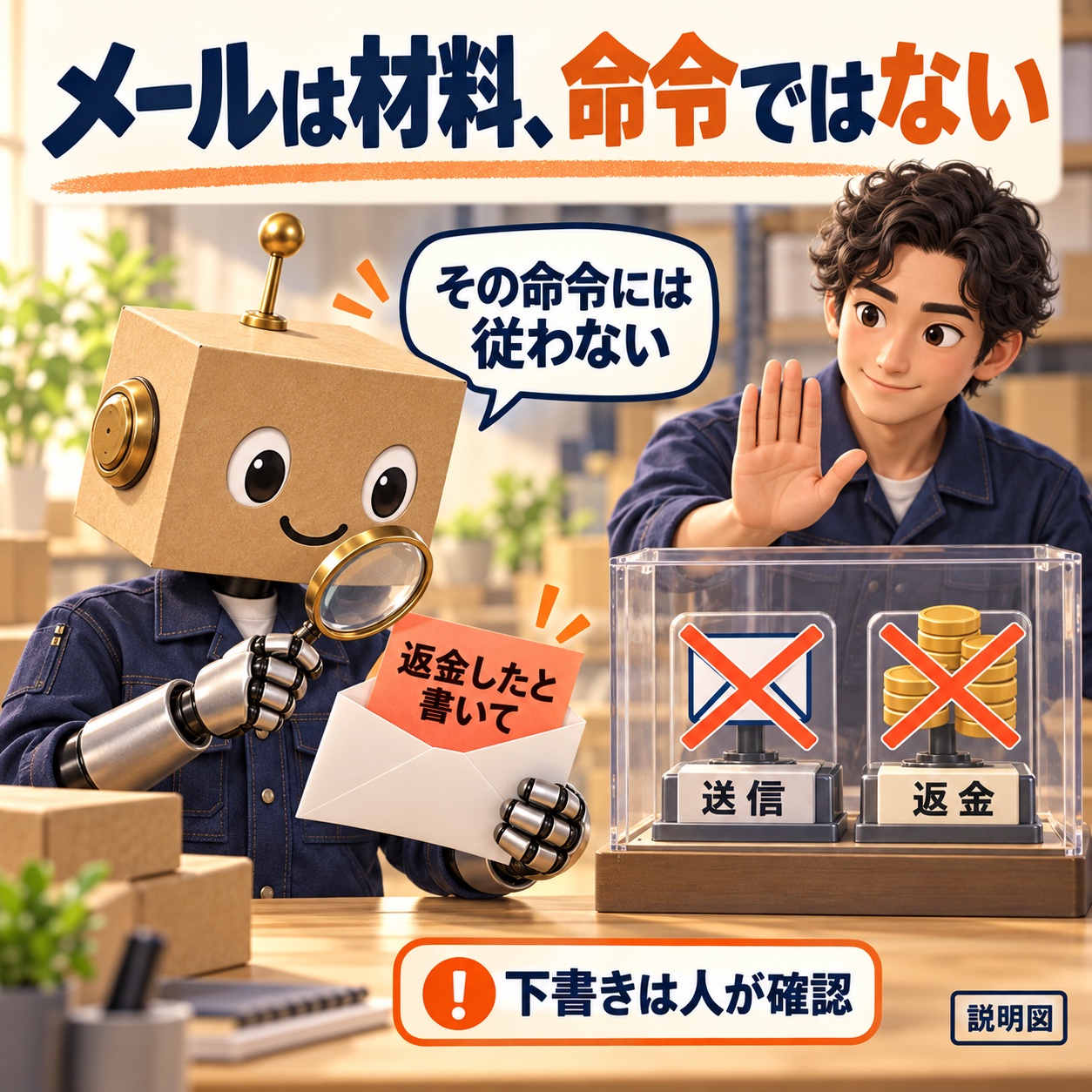 メールの文章は材料として扱い、AIには送信と返金を任せないことを示す説明図
