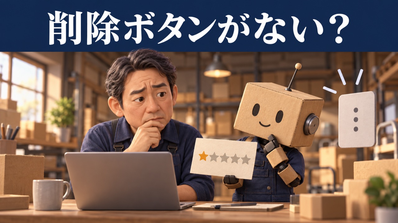 削除ボタンがないと困っている出品者とロボットの説明イラスト