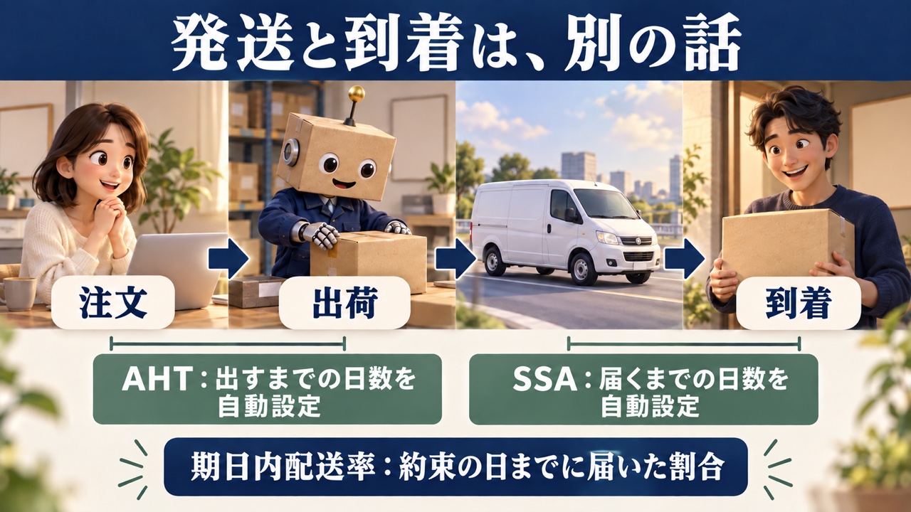 注文から出荷までのAHT、出荷から到着までのSSA、期日内配送率の意味を示す説明図