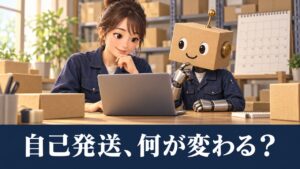 自己発送の変更案内を確認するセラーとロボの説明用イメージ