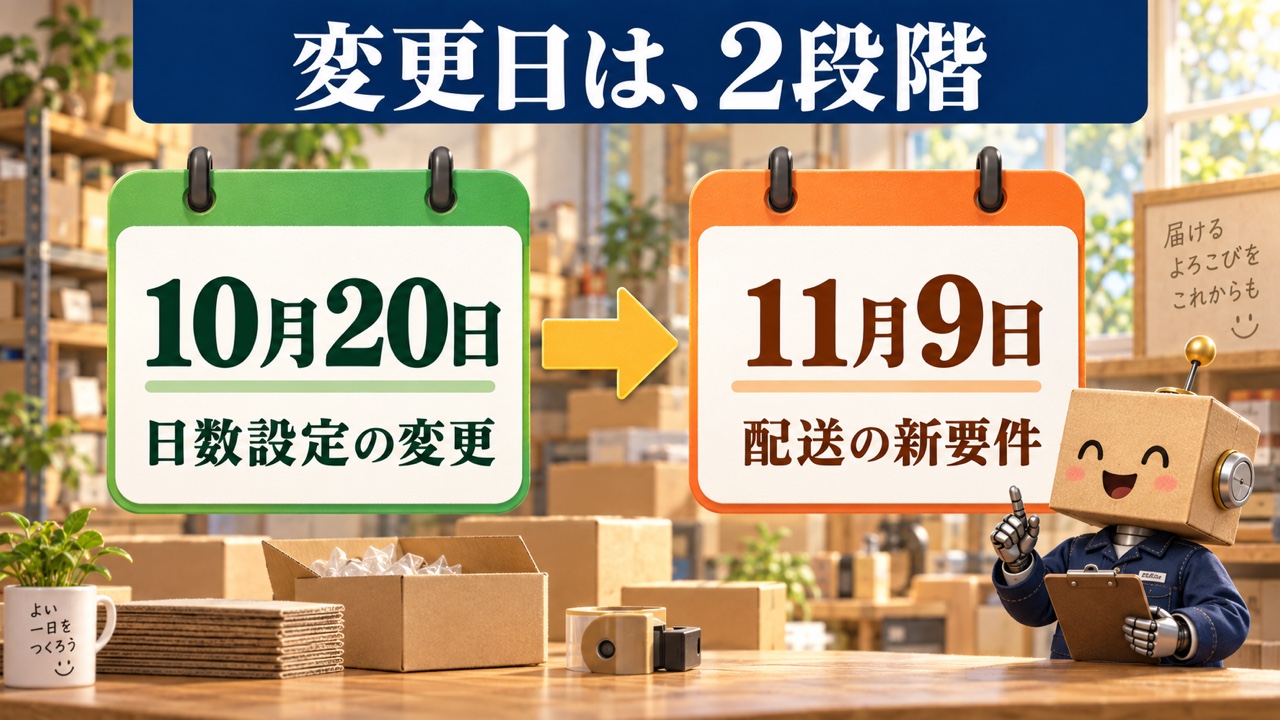 10月20日は日数設定、11月9日は配送要件の変更という時系列の説明図