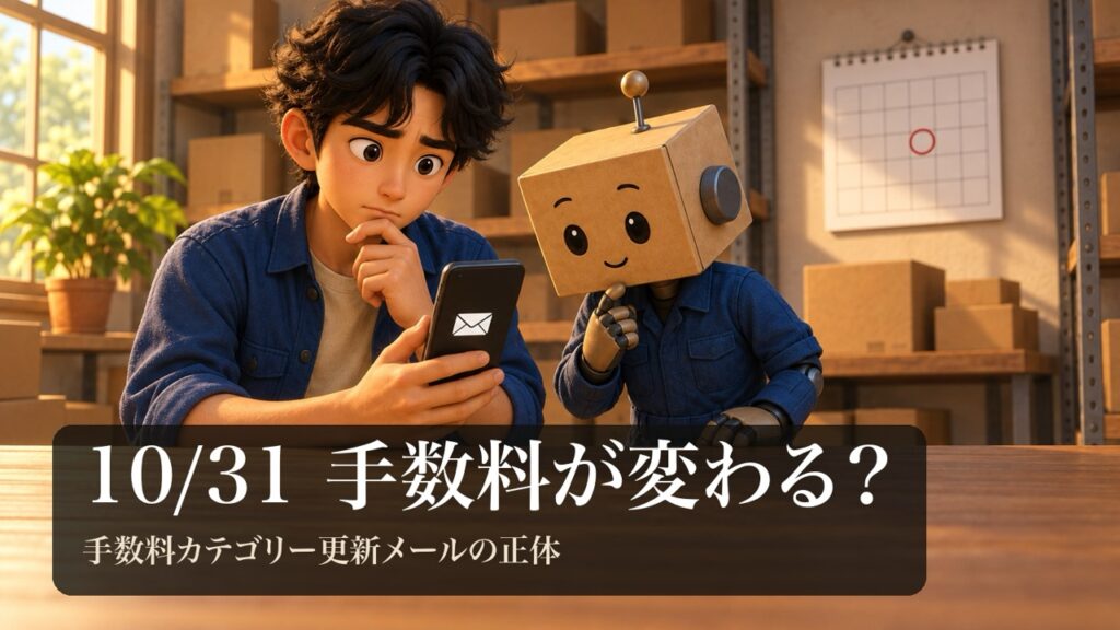 スマホの知らせを見て考えこむ男性と、横で首をかしげる段ボール頭のロボ