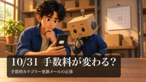 スマホの知らせを見て考えこむ男性と、横で首をかしげる段ボール頭のロボ