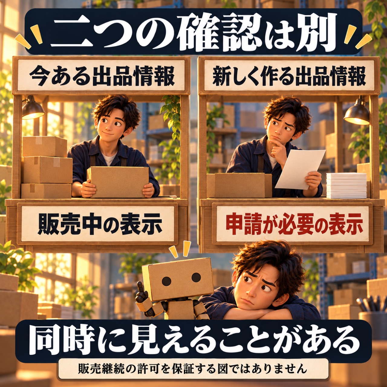 今ある出品の販売中表示と新規登録の申請表示は別の確認