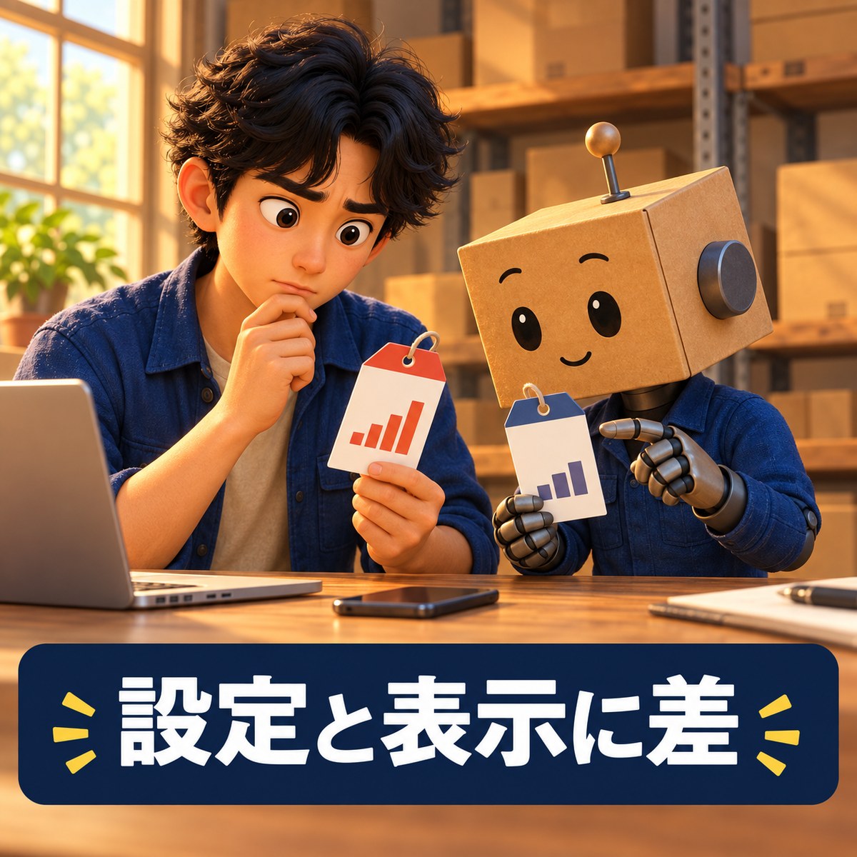 設定と表示に差があり、二つの画面を見比べるイメージ