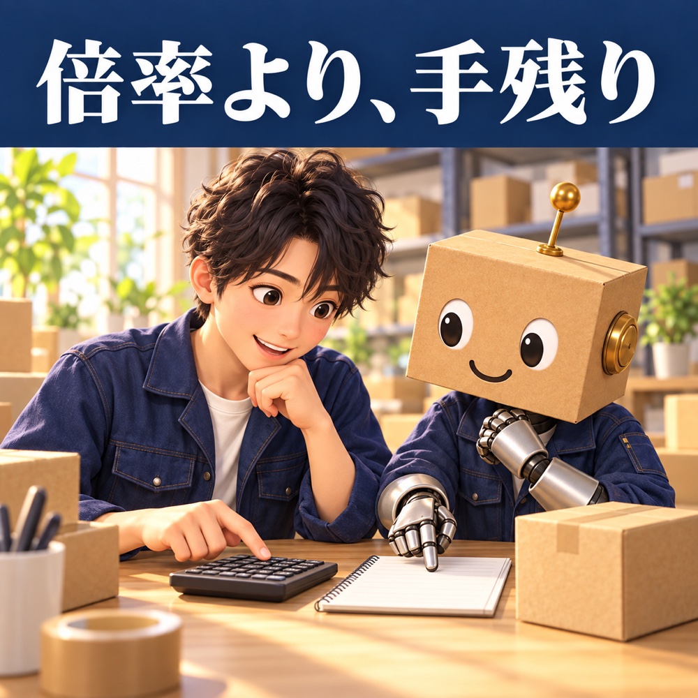 仕入れ前に利益と条件を確認する男性と段ボール頭ロボ