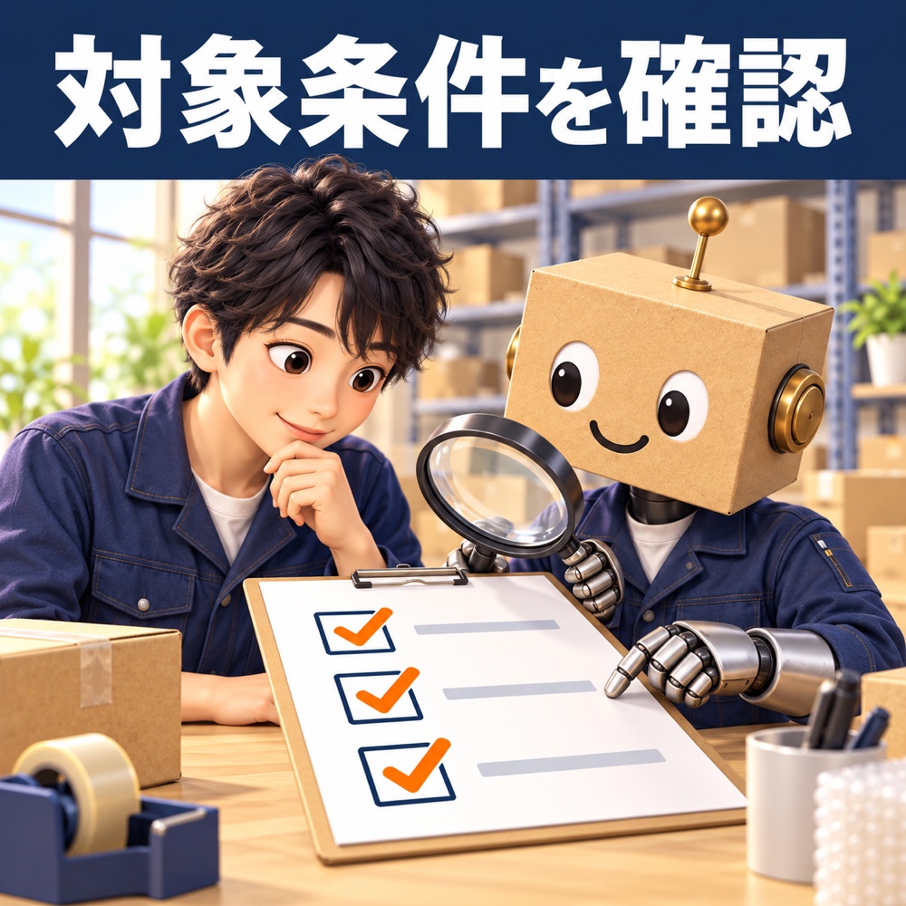 参加条件を確かめる男性と段ボール頭ロボ